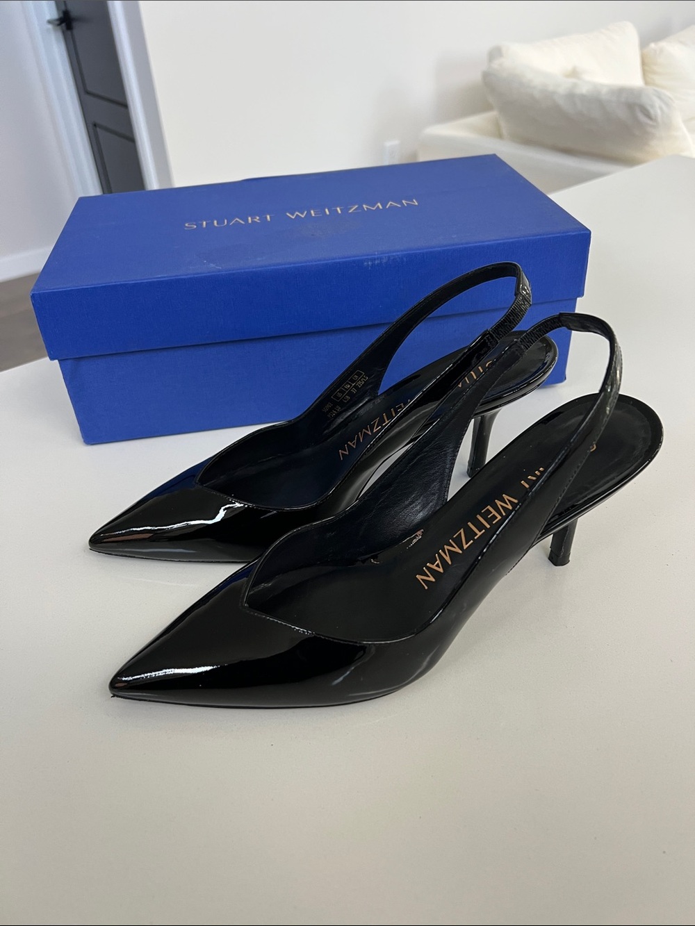 Stuart Weitzman eva 75 slingback black patent leather pointed toe heels 6.5